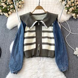 Women's Knits Korean Fashion Cowboy Long Sleeve Patchwork Striped Knitted Cardigan Jacket Casual Lapel Zipper Knitwear Coat Dark Blue Grey