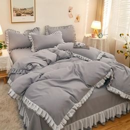Bedding Sets Classic Simple Set 4 Size Grey Blue Pink Solid Bed Linen 3-4pcs Duvet Cover Sheet Comforter Home Textile #/