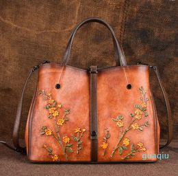 Designer-Evening Bags Women Cowhide Single Shoulder Tote Vintage Design Flower Pattern Embossing Female Handbag Handle Genuine Leather Bag