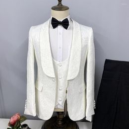 Men's Suits 2023 Men 3 Piece Boutique Business White Satin Shawl Lapel Suit Wedding Party Dinner Tuxedo Coat Vest Pants Fashion Slim