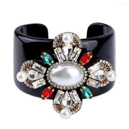 Bangle HAHA&TOTO Trendy Black Resin Inlaid Handmade Crystal Beaded Flower Statement Women Jewelry 3306