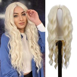 Synthetic Wigs Wig Women's Centre Split Fashion Light Gold Water Wave Pattern Micro Curled Long Curled Hair Wig Chemical Fibre Head Cover