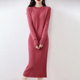 Casual Dresses 2023 Winter Cashmere Pure Wool Knitted O-neck Sweater Women Long Sleeve Standard Knitwear