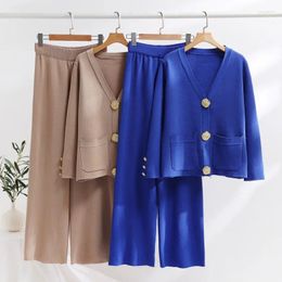 Women's Two Piece Pants Fashion Suit Autumn Contrast Color Gold Button Sweater Cardigan Women Wide Leg Ladies Knitted Two-piece Set Elegant