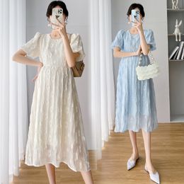 Maternity Dresses Maternity Floral Lace Dress Summer Clothes For Pregnant Women Elegant O-Neck Solid Lantern Sleeve Pregnancy Vestidos 230428