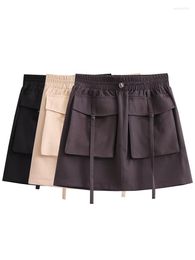 Skirts MESTTRAF Women 2023 Fashion Solid Color Patch Pockets Mini Skirt Vintage High Elastic Waist With Drawstring Toggle Female