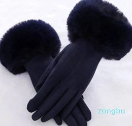 Five Fingers Gloves Female Faux Rabit Fur Suede Leather Touch Screen Driving Glove Winter Warm Plush Thick Embroidery Full Finger Cycling Mitten
