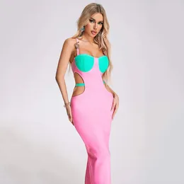 Casual Dresses Pink Bandage Long Dress Women Summer 2023 Sexy Cut Out Spaghetti Strap Party Evening Fashion Metal Bodycon Vestidos H756