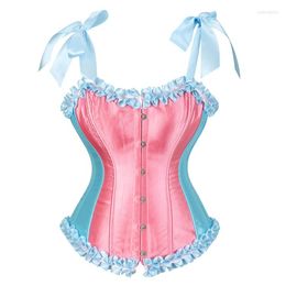 Bustiers & Corsets Candy Color Ruffle Rainbow Splicing Satin Fabric Lovely Bow Shoulder Strap Lace Up Corset Top Lolita Mujer