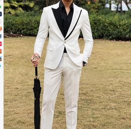 Custom Made Men Suits Ivory/Black One Button Groom Tuxedos Peak Lapel Groomsmen Wedding/Prom/Dinner Man Blazer Bridegroom 2 pieces (Jacket + Pants + Bow Tie ) L648