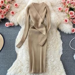 Casual Dresses Vintage Women Fall Spring Dress Elastic Knitted V Neck Long Solid Color Striped Tight Waist Sleeve Sheath
