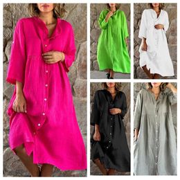 Casual Dresses Women Fashion Cotton Linen Dress Causal Loose Button Up Long Sleeve Shirt Vintage Beach Party Midi