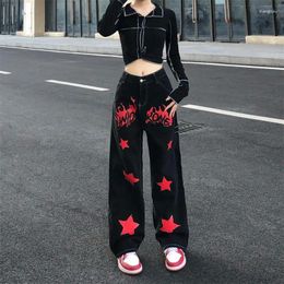 Women's Jeans Hip Hop Vintage Women Black Red Streetwear Fashion Pants Star Painted High Waist Wide Leg Straight Casual Loose Trousers