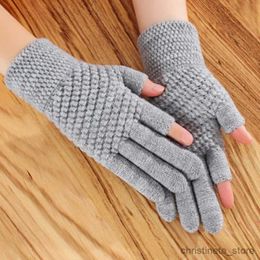 Children's Mittens Women Winter Warm Thick Knit Wool Fingerless Writing Touch Screen Driving Gloves Unisex Cashmere Half-finger Cycling Mittens