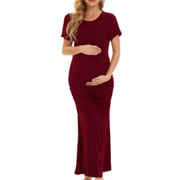 Maternity Dresses Women's Split Long Maternity Dress Short Sleeve Ruched Pregnancy Clothes Sexy Maternity Slit Long Dress Skin-friendly Dress 230428