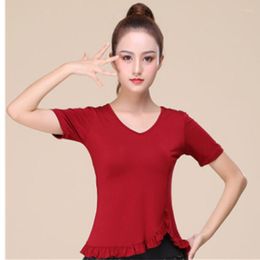 Stage Wear Square Dance Clothing Spring Summer Modal Asymmetrical Hem Short Sleeve Top Latin