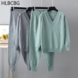 Women's Two Piece Pants Two Piece Women Knit Sport Suits V Neck Women Sweater Drawstring Harem Pants Jogging Pants Pullover Sweater Set Knitted Outwear 231127