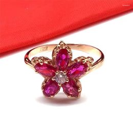 Cluster Rings 585 Purple Gold Plated 14K Rose Inlaid Red Crystal Flower Bloom Engagement For Women Sweet Luxury Romantic Jewelry