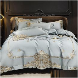 Bedding Sets Luxury 1400Tc Natural Egyptian Cotton Gold Embroidery Set Queen King Quiltduvet Er Bed Linen Fitted Sheet Pillowcase Dr Dhunf