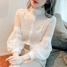 Sweet Lace Mesh Shirts Spring White Blouse Stand Collar Lantern Sleeve Tops Flowers Embroidery Women's Clothing Elegant