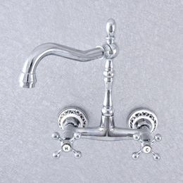 Kitchen Faucets Silver Polished Chrome Brass Ceramic Base Wall Mounted Dual Cross Handles Bathroom Vessel Sink Faucet Mixer Taps Asf788