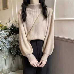 Women's Sweaters Turtleneck Soft Warm Knitted Sweater Elegant Solid Mock Neck Lantern Pullover Autumn Winter Long Sleeve Korean Office Lady