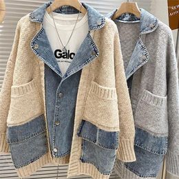 Women's Jackets Korean Wear 2023 Spring Autumn Personalised Hong Kong Style Retro Denim Stitching Knitted Sweater Coat Female Cardigan Tide