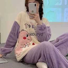 home clothing Cartoon Sleepwear Women Pyjamas Set Winter Fleece Velvet 2 Piece Pant Home Suit Sleep Fluffy Korean Piiama Cute Warm Night Wearvaiduryd