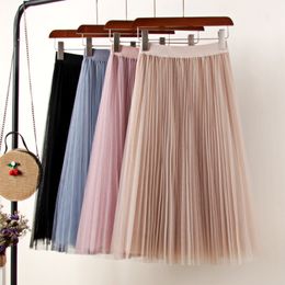 Skirts Tulle Skirts Womens Midi Pleated Skirt Black Pink Tulle Skirt Women Spring Summer Korean Elastic High Waist Mesh Tutu Skirt 230428