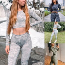 Pants 2Pcs Women Tracksuits Clothes Set Camouflage Long Sleeves Crop Tops HighWaist Tight Pants Sports Suit for Female Spring Autumn