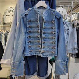 Women's Jackets Spring Vintage Stand Collar Denim Jacket Women 3 Color Long Sleeve Double-breasted Slim Short Jeans Jacket Coat Female Outerwear 230428