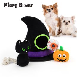 Toys Set Halloween Hat Pet Toy Pumpkin Eyes Black Cat Plush Dog Toy Interactive Play Gift