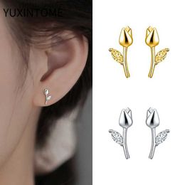Stud Minimalist Tulip Earrings 925 Silver Needle Romantic Sweet Flower Stud Earrings for Women Crystal Small Ear Jewelry Gift YQ231128