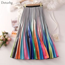 Skirts Women's Gradient Rainbow Print Skirt Ladies Fashion High Waist Pleated Satin Midi Skirts Faldas Saias Faldas Spring Autumn SK492 230428