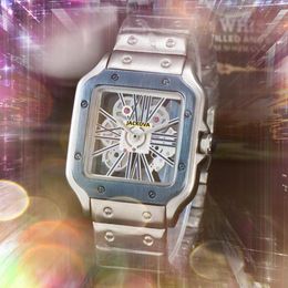 Popular japan quartz movement men watch auto date square hollow skeleton dial clock Imported Crystal Mirror chain bracelet elegant wristwatch Christmas gifts