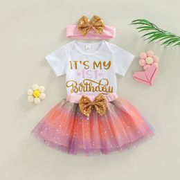 Rompers Baby Girls Birthday Set Short Sleeve Letter Printed Romper Sequins Embellished Mesh Tulle Gradient Skirt Headband 230427