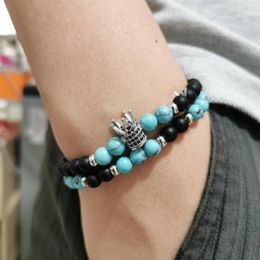 Strand 2Pcs/Set Light Blue Pine Stone Couple Bracelets CROWN Bracelet For Men Women Yoga Jewellery