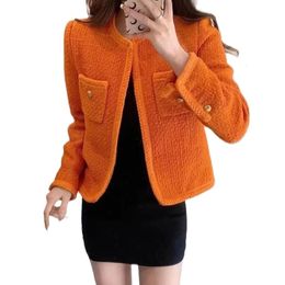 Womens Wool Blends Short Autumn Winter Orange Tweed Jacket Casual Round Neck LongSleeved Coat 231127