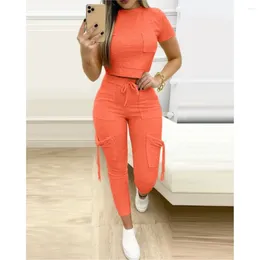 Women's Two Piece Pants Casual Pieces Sets Summer Women Cargo Suit Set Streetwear Outfit Short Sleeve Pocket 2023 Trousers Crop Top Tee