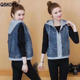 Parkas Casual Hooded Patchwork Vest Women Crop Denim Jacket Streetwear Chaleco Mujer Jeans 2023 New washed Sleeveless Waistcoat