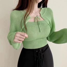 Women's Knits South Korea Chic French Simple Candy Colour Slim Short Strap Loose Sun Long Sleeve Sweater Two-piece Set