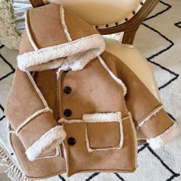 Jackets 7864 Korean Children's Coat 2023 Winter Retro Fashion Suede Thick Boy's Warm Jacket Lambswool