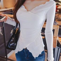 Women's T Shirts LIBERJOG Women Cotton Slim Long Sleeve Pullover V-neck Tees Sexy High Stretch Vintage Tops Female Soft Comfortable