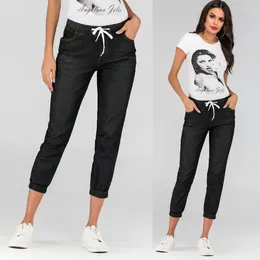 Women's Jeans Denim Jogger Pants Ladies Drawstring Elastic Waist Cropped Trouser