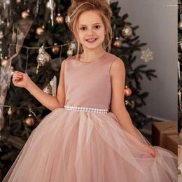 Girl Dresses Flower Girls Satin Tulle Princess Pageant Dress For Wedding Kids Pearls Prom Ball Gowns With Bow-Knot Maxi