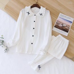 Women's Sleepwear Spring And Autumn Ladies White Cotton Crepe Long-sleeved Trousers Two-piece Simple Bowknot Large Size Home Service Suit