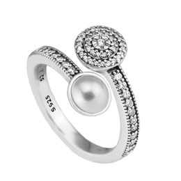 Cluster Rings Authentic 925 Sterling Silver Luminous Glow White Crystal Pearl And Clear CZ Jewellery Gifts For Women FLR124