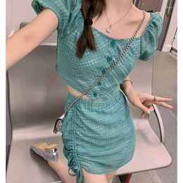 Work Dresses Two Piece Sets Women Outfits Casual Summer Dress Set Korean Fashion Sweet Style Square Collar Short Sleeve Tops And A-line