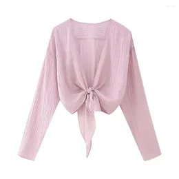 Women's Blouses Early Autumn Fashion Clothing Temperament Sweet And Cute All-match V-neck Long-sleeved Knotted Short Shirt