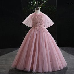 Girl Dresses Pink Evening Dress Elegant Sequins Appliques Short Sleeves Ball Gown O-Neck Floor-Length Party Flower B1760